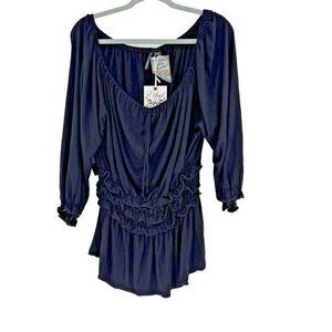 Ethyl Cowgirl Glitz Blouse Women's Medium Black Scoop Neck Rouched Waist Ruffles